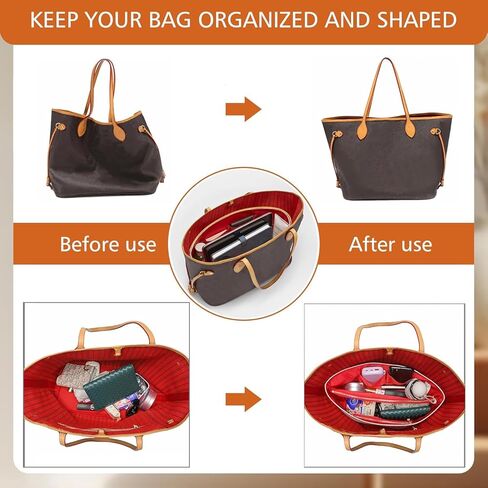 إدراج منظم المحفظة لحقيبة إدراج منظم Lv Neverfull MM، حقيبة يد فاخرة مخصصة خفيفة الوزن ومقسم داخلي مع 6 مقصورات وسحاب (مم، أبيض-أحمر) in Kuwait