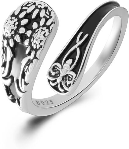 925 Sterling Silver Adjustable Spoon Ring - Vintage Boho Open Finger Jewelry thumb rings for women, Handmade Thumb Ring with Nature Inspired Designs in Saudi Arabia