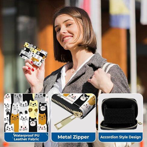 Zipper Wallet for Women, RFID Blocking Credit Card Holder with Accordion Design, Small Compact PU Leather Wallet with Gift Box - Black White Leopard in Kuwait