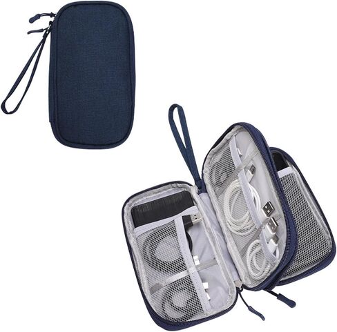 Travel Organizer Bag for Electronics - Waterproof Double Layer Storage Pouch for Charger, Cables, Phone, Earphones, Passport & Small Accessories Navy Blue (Compact & Portable) in Saudi Arabia