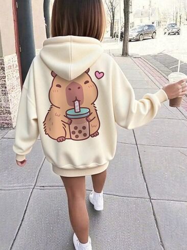 Girls Graphic Hoodie, Capybara Milk Tea Pullover Sweatshirt for Kids 6-14Y in Saudi Arabia