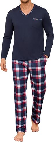 Sykooria Mens Pajamas Set Long Sleeve Soft Sleepwear Cozy Loungewear 2 Piece Comfy Plaid Pjs Set with Pockets in Saudi Arabia