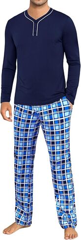 Sykooria Mens Pajamas Set Long Sleeve Soft Sleepwear Cozy Loungewear 2 Piece Comfy Plaid Pjs Set with Pockets in Saudi Arabia