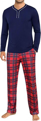 Sykooria Mens Pajamas Set Long Sleeve Soft Sleepwear Cozy Loungewear 2 Piece Comfy Plaid Pjs Set with Pockets in Saudi Arabia