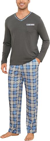 Sykooria Mens Pajamas Set Long Sleeve Soft Sleepwear Cozy Loungewear 2 Piece Comfy Plaid Pjs Set with Pockets in Saudi Arabia