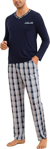 Sykooria Mens Pajamas Set Long Sleeve Soft Sleepwear Cozy Loungewear 2 Piece Comfy Plaid Pjs Set with Pockets in Saudi Arabia