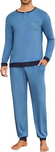 Sykooria Mens Pajamas Set Long Sleeve Soft Sleepwear Cozy Loungewear 2 Piece Comfy Plaid Pjs Set with Pockets in Saudi Arabia