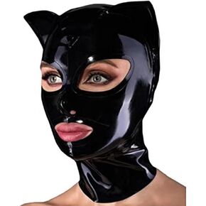غطاء محرك السيارة الأسود اللاتكس مع آذان القط الخلفي زيبر عيون مفتوحة الفم المطاط قناع تأثيري نادي ارتداء زي in Kuwait