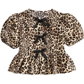 Verdusa Girl's Y2K Leopard Bow Puff Sleeve Dressy Blouses Coquette Ruffle Peplum Tops in Kuwait