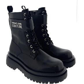 Versace Jeans Couture Combat Boots: Black, Lace-up, Institutional Logo Ankle Strap, Ridged Rubber Sole in Saudi Arabia