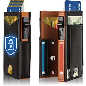 محفظة للرجال مع حامل بطاقات نحيف منبثق لـ 10-12 بطاقة، حامل بطاقات الائتمان RFID، محفظة ذكية ثنائية الطي مع نوافذ لبطاقة الهوية ومشبك نقود، هدايا للرجال في صندوق هدايا (قهوة + بني) in Kuwait