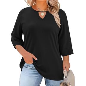 Rapbin المرأة بلوزات حجم كبير 3/4 طول كم قمصان Crewneck متأنق بلوزات غير رسمية العصرية ثقب المفتاح سترة علوية XL-5XL in Saudi Arabia