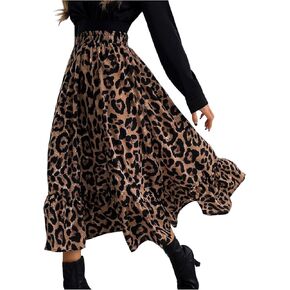 تنورة SweatyRocks النسائية ذات الكشكشة وطبعة الفهد تنورة متوسطة الطول كاجوال بخصر عالٍ تنانير واسعة على شكل حرف A in Kuwait