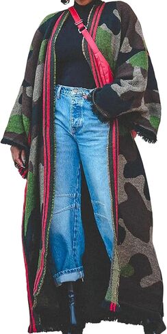 SHINFY Womens Camouflage Floor Length Long Cardigan Sweaters Open Front Camo Jacket Duster Sweater Coat Outerwear in Saudi Arabia