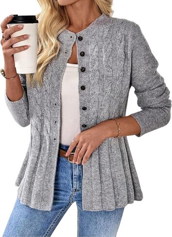 Women's Long Sleeve Button Up Cable Knit Cardigan 2025 Fall Crewneck Cardigans Comfrt Grey Sweaters Jacket in Saudi Arabia