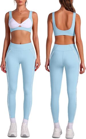 ABOCIW Two Piece Workout Sets for Women Contrast Trims Twist Front Sports Bra High Waist Leggings with Pockets in Kuwait