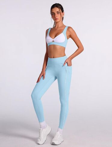 ABOCIW Two Piece Workout Sets for Women Contrast Trims Twist Front Sports Bra High Waist Leggings with Pockets in Kuwait