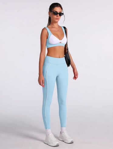 ABOCIW Two Piece Workout Sets for Women Contrast Trims Twist Front Sports Bra High Waist Leggings with Pockets in Kuwait