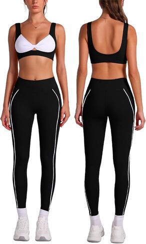 ABOCIW Two Piece Workout Sets for Women Contrast Trims Twist Front Sports Bra High Waist Leggings with Pockets in Kuwait