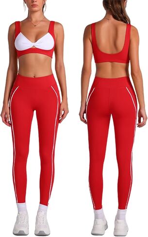 ABOCIW Two Piece Workout Sets for Women Contrast Trims Twist Front Sports Bra High Waist Leggings with Pockets in Kuwait
