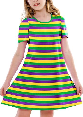 فساتين Deerose Girl Mardi Gras بأكمام قصيرة أرجواني وأخضر وأصفر مخططة، فستان من 3 إلى 14 سنة in Kuwait