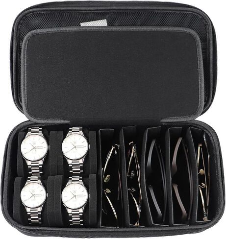 Juntan Nylon Travel Watch Jewelry Case, 4-Slot Watch Case and 5-Slot Sunglasses Storage for Men Women White Black in Saudi Arabia