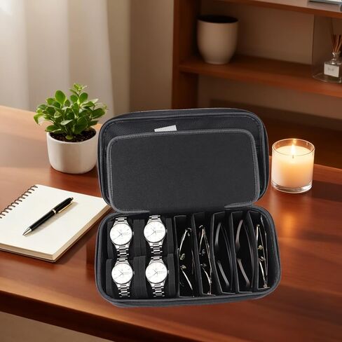 Juntan Nylon Travel Watch Jewelry Case, 4-Slot Watch Case and 5-Slot Sunglasses Storage for Men Women White Black in Saudi Arabia