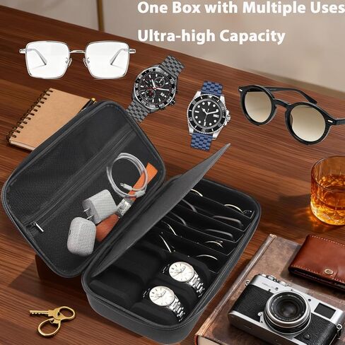 Juntan Nylon Travel Watch Jewelry Case, 4-Slot Watch Case and 5-Slot Sunglasses Storage for Men Women White Black in Saudi Arabia