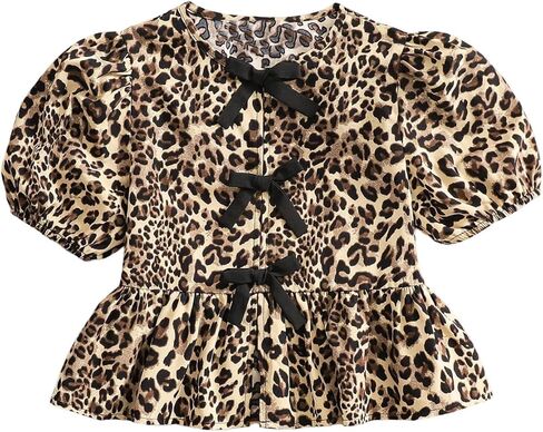 Verdusa Girl's Y2K Leopard Bow Puff Sleeve Dressy Blouses Coquette Ruffle Peplum Tops in Saudi Arabia