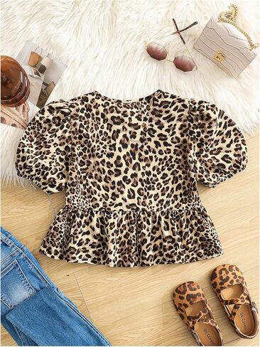 Verdusa Girl's Y2K Leopard Bow Puff Sleeve Dressy Blouses Coquette Ruffle Peplum Tops in Saudi Arabia