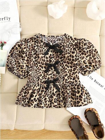 Verdusa Girl's Y2K Leopard Bow Puff Sleeve Dressy Blouses Coquette Ruffle Peplum Tops in Saudi Arabia