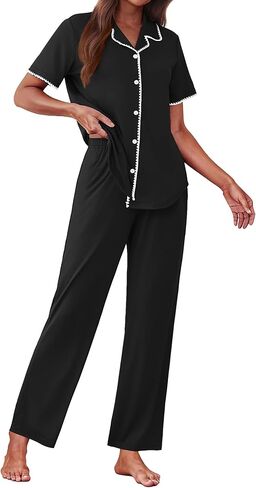 Ekouaer Women's Pajama Sets Button Down Loungewear Short Sleeve Sleepwear 2 Piece Pants Pjs Set with Pockets S-XXL in Kuwait