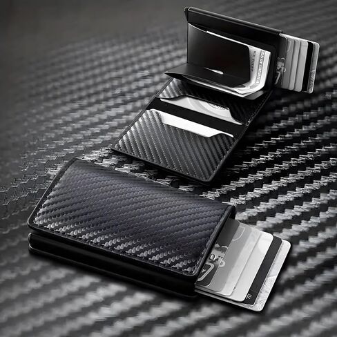 Wallet for Men, Smart Wallet for Men, Simple Credit Card Holder, RFID Barrier, Pop-Up Business Card Box, Three-Fold Carbon Fiber, Small and Ultra-Thin, 9-14 Card Capacity, with Cash Slot in Saudi Arabia