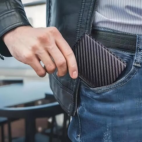 Wallet for Men, Smart Wallet for Men, Simple Credit Card Holder, RFID Barrier, Pop-Up Business Card Box, Three-Fold Carbon Fiber, Small and Ultra-Thin, 9-14 Card Capacity, with Cash Slot in Saudi Arabia