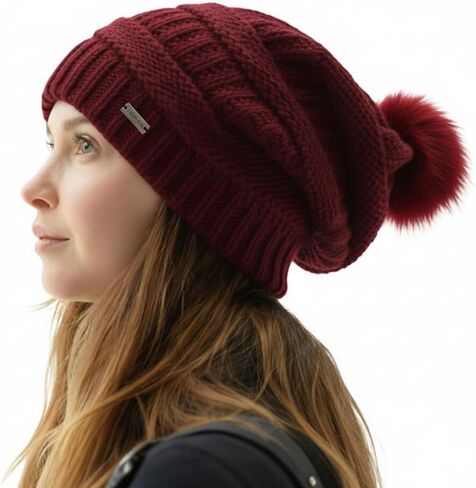 TOP-EX 100% Merino Wool Winter Slouchy Beanie for Women with Faux Fur Pom - Satin or Fleece Lined Hats for Cold Weather in Kuwait