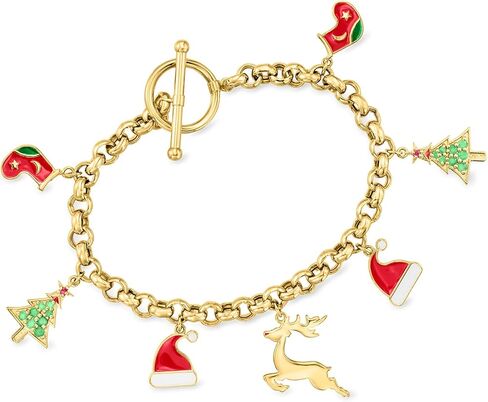 Ross-Simons 0.24 ct. t.w. Multi-Gemstone Christmas Charm Toggle Bracelet With Multicolored Enamel in 18kt Gold Over Sterling in Saudi Arabia