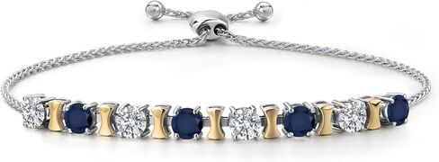 Gem Stone King 925 Silver and 10K Yellow Gold Lab Grown Diamond and Blue Sapphire Bracelet For Women | 2.48 Cttw | Gemstone April Birthstone | Round 4MM | Adjustable up to 9 Inch in Saudi Arabia