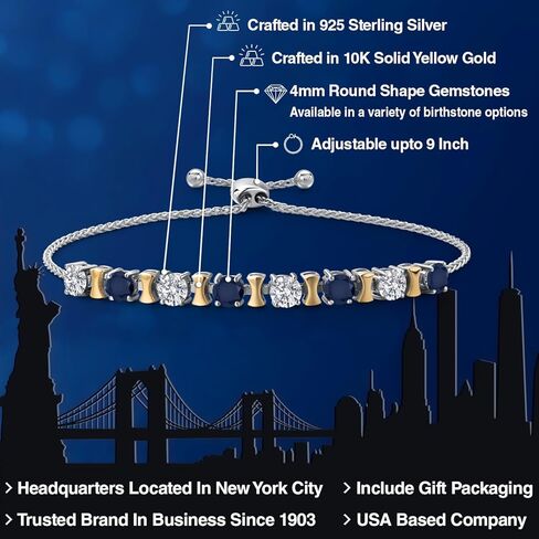 Gem Stone King 925 Silver and 10K Yellow Gold Lab Grown Diamond and Blue Sapphire Bracelet For Women | 2.48 Cttw | Gemstone April Birthstone | Round 4MM | Adjustable up to 9 Inch in Saudi Arabia