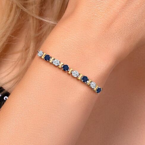 Gem Stone King 925 Silver and 10K Yellow Gold Lab Grown Diamond and Blue Sapphire Bracelet For Women | 2.48 Cttw | Gemstone April Birthstone | Round 4MM | Adjustable up to 9 Inch in Saudi Arabia
