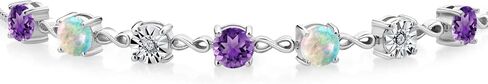 Gem Stone King 925 Sterling Silver Purple Amethyst White Simulated Opal & Lab Grown Diamond Tennis Bracelet For Women | 2.44 Cttw | Fully Adjustable Up to 9 Inch in Saudi Arabia