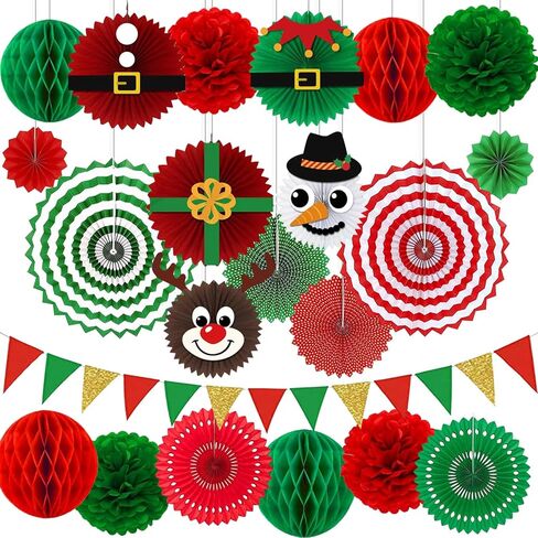 22 قطعة من زينة حفلات عيد الميلاد - مراوح ورقية للتعليق باللون الأحمر والأخضر والذهبي وأعلام رايات على شكل كرات على شكل قرص العسل للمنزل والفصول الدراسية والمكتب | هدايا العيد ومستلزمات حفلات عيد الميلاد in Kuwait