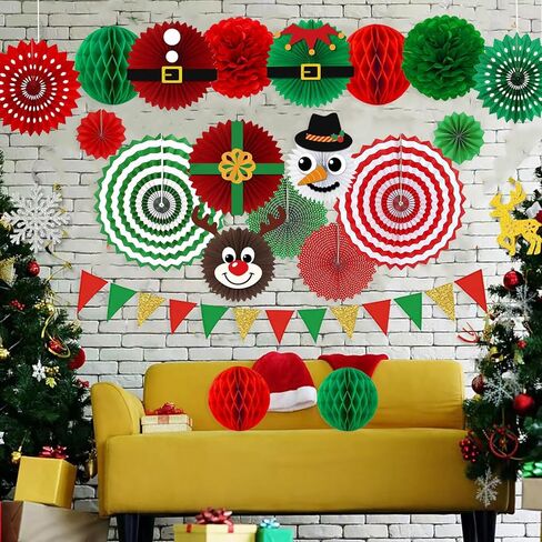 22 قطعة من زينة حفلات عيد الميلاد - مراوح ورقية للتعليق باللون الأحمر والأخضر والذهبي وأعلام رايات على شكل كرات على شكل قرص العسل للمنزل والفصول الدراسية والمكتب | هدايا العيد ومستلزمات حفلات عيد الميلاد in Kuwait