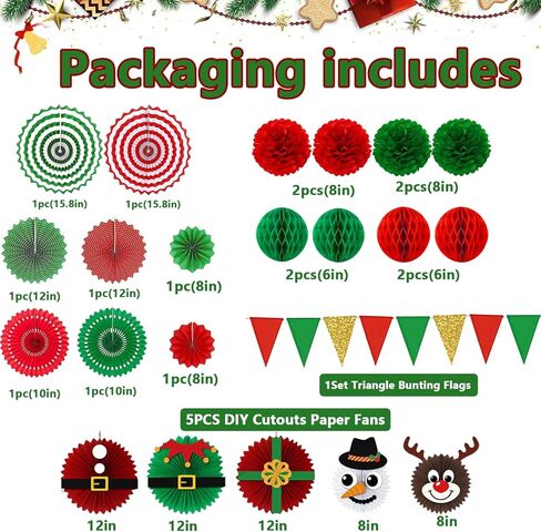 22 قطعة من زينة حفلات عيد الميلاد - مراوح ورقية للتعليق باللون الأحمر والأخضر والذهبي وأعلام رايات على شكل كرات على شكل قرص العسل للمنزل والفصول الدراسية والمكتب | هدايا العيد ومستلزمات حفلات عيد الميلاد in Kuwait
