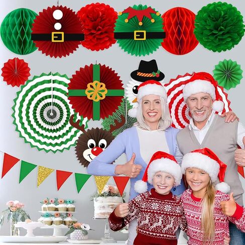 22 قطعة من زينة حفلات عيد الميلاد - مراوح ورقية للتعليق باللون الأحمر والأخضر والذهبي وأعلام رايات على شكل كرات على شكل قرص العسل للمنزل والفصول الدراسية والمكتب | هدايا العيد ومستلزمات حفلات عيد الميلاد in Kuwait