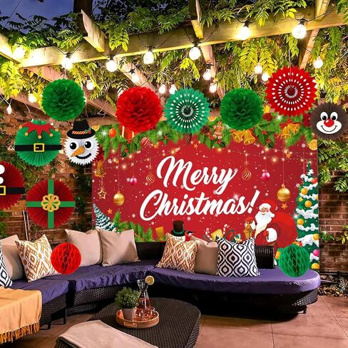 22 قطعة من زينة حفلات عيد الميلاد - مراوح ورقية للتعليق باللون الأحمر والأخضر والذهبي وأعلام رايات على شكل كرات على شكل قرص العسل للمنزل والفصول الدراسية والمكتب | هدايا العيد ومستلزمات حفلات عيد الميلاد in Kuwait