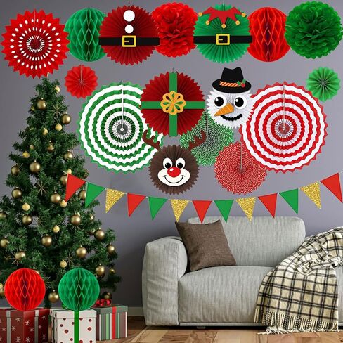 22 قطعة من زينة حفلات عيد الميلاد - مراوح ورقية للتعليق باللون الأحمر والأخضر والذهبي وأعلام رايات على شكل كرات على شكل قرص العسل للمنزل والفصول الدراسية والمكتب | هدايا العيد ومستلزمات حفلات عيد الميلاد in Kuwait