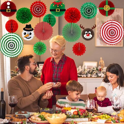 22 قطعة من زينة حفلات عيد الميلاد - مراوح ورقية للتعليق باللون الأحمر والأخضر والذهبي وأعلام رايات على شكل كرات على شكل قرص العسل للمنزل والفصول الدراسية والمكتب | هدايا العيد ومستلزمات حفلات عيد الميلاد in Kuwait