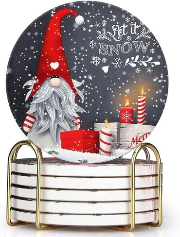 6 Pcs Merry Christmas Absorbent Coasters Gift with Holder Xmas Drink Coasters Coffee Table Coasters Cute Modern Cup Coaster Set for Christmas Vintage Bar Beverage Coasters in Kuwait