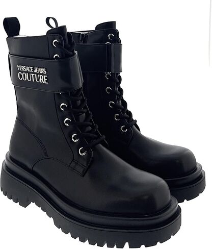 Versace Jeans Couture Combat Boots: Black, Lace-up, Institutional Logo Ankle Strap, Ridged Rubber Sole in Saudi Arabia