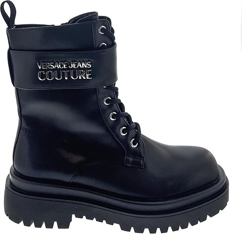 حذاء Versace Jeans Couture القتالي: أسود، برباط، رباط للكاحل يحمل شعار مؤسسي، نعل مطاطي مضلع in Kuwait